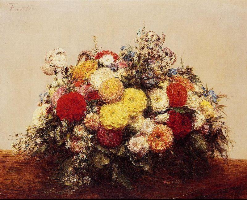 Henri Fantin-Latour Large Vase of Dahlias and Assorted Flowers